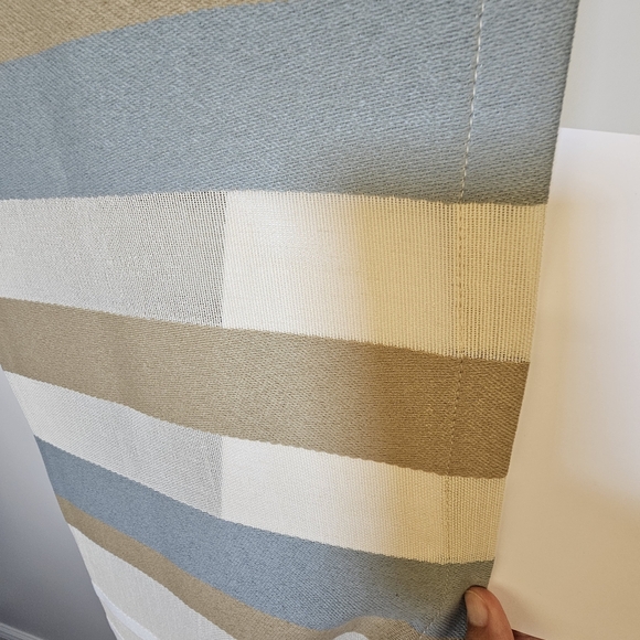 Two tan teal white cream striped 8 bronze grommet short drapes 50x67" - Picture 7 of 8